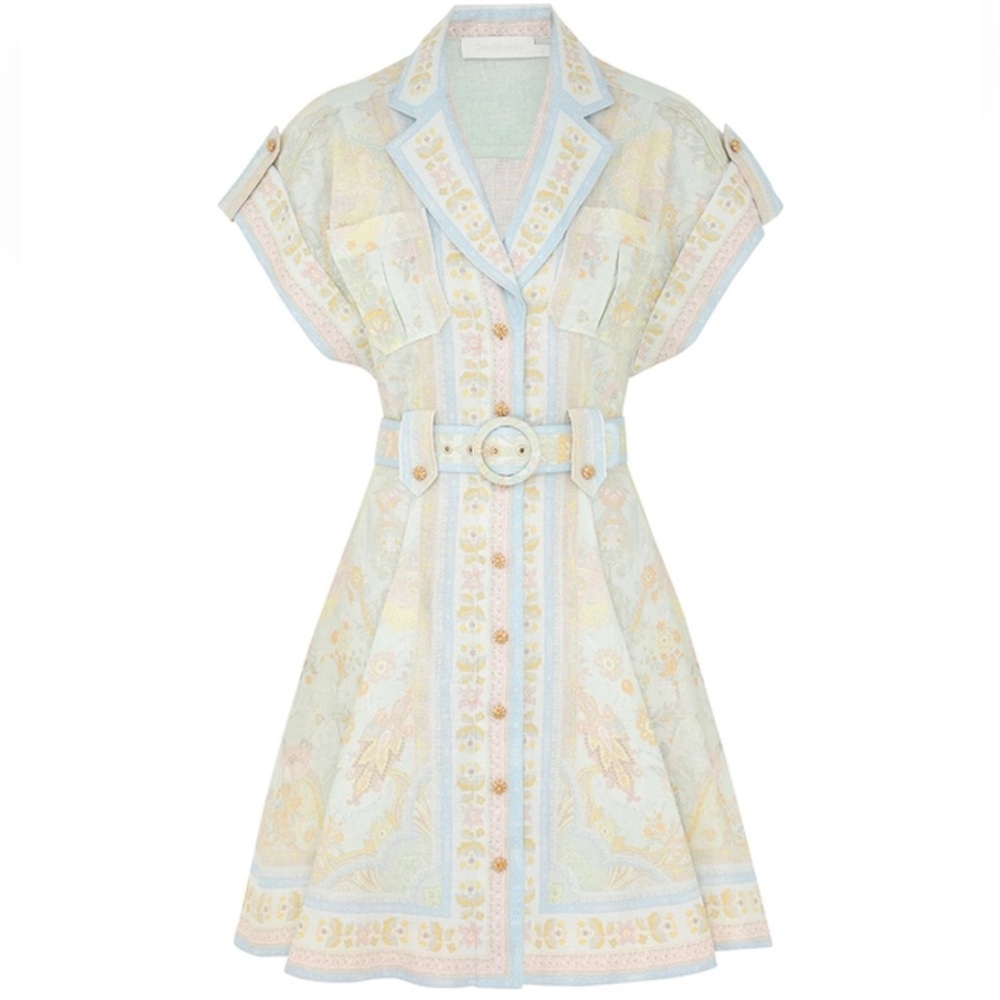 Zimmermann Acacia Cream Mini Shirtdress with Notched Collar, Cuffed Sleeves Sz0